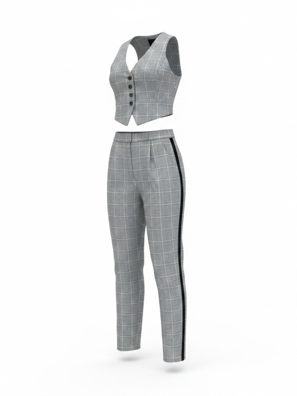 River Island Gray Plaid Straight Leg Trousers with Black Side Stripe